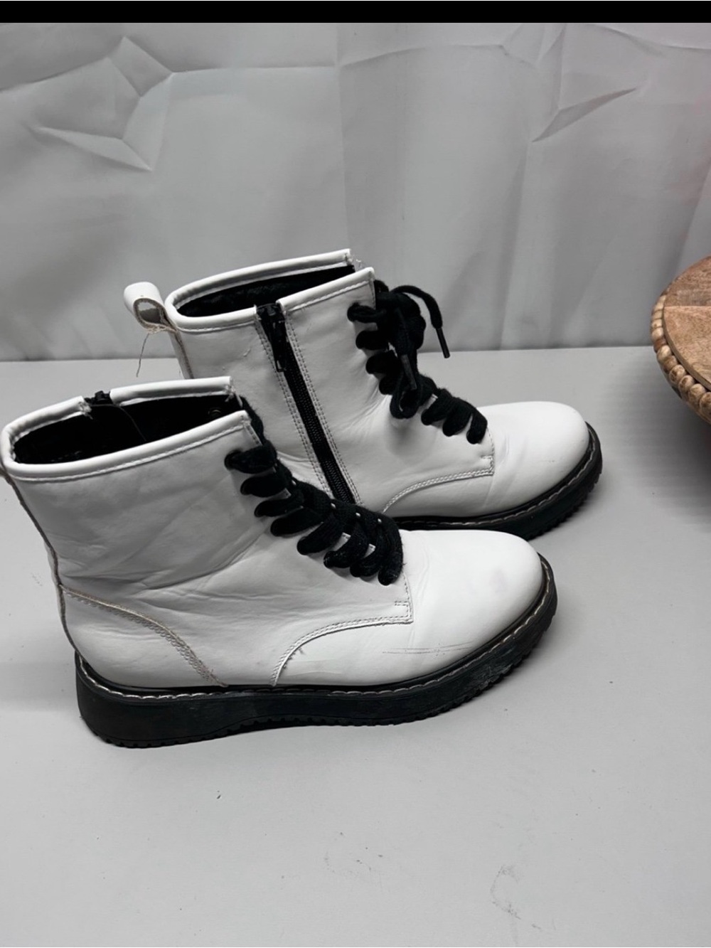 Madden Girl White Lace-Up Combat Boots with Black Laces